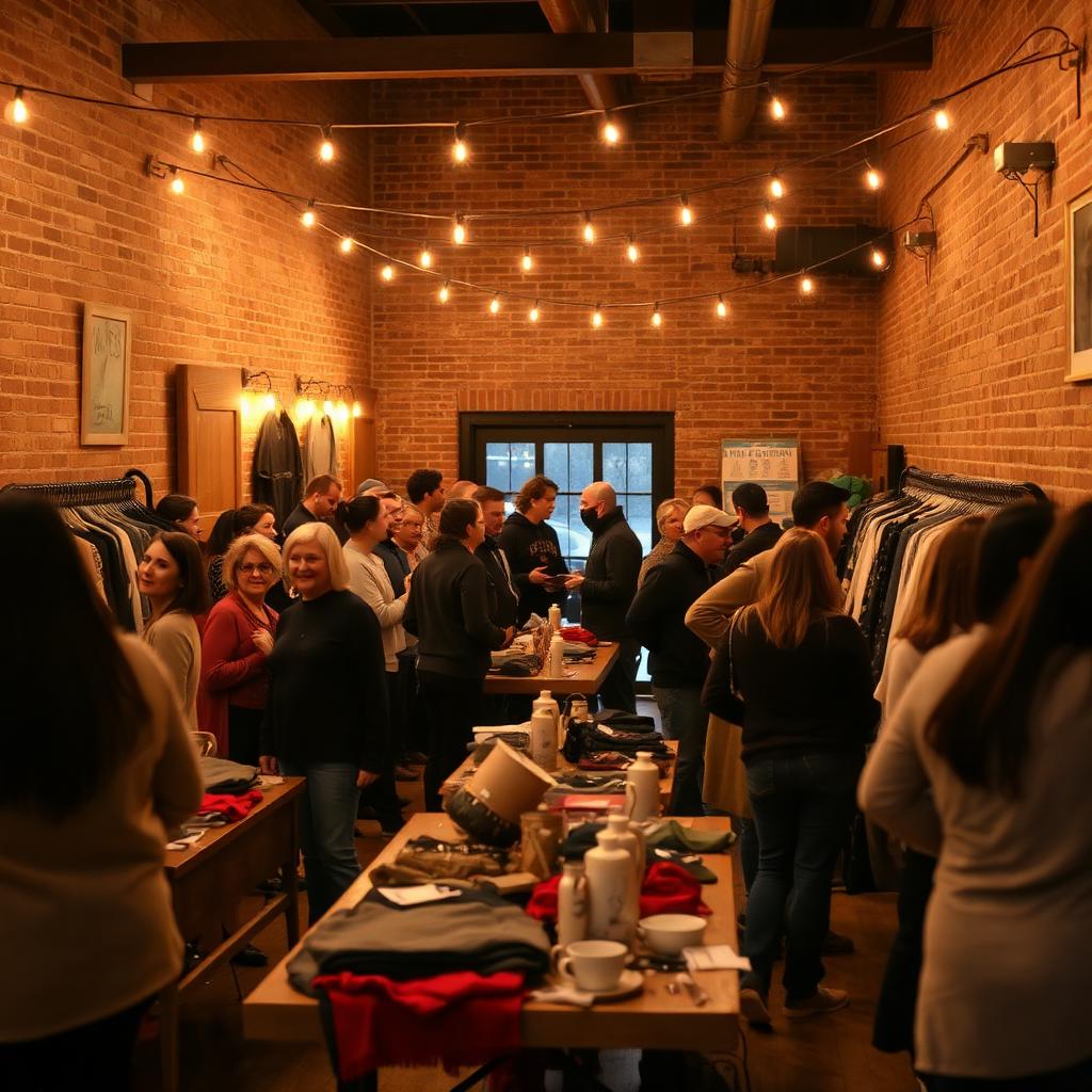 Warmly lit community gathering with string lights and neighbors connecting