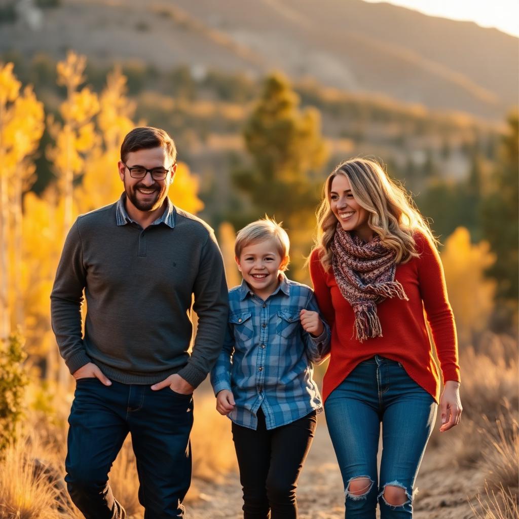 Family walking together in the Colorado Rockies at golden hour
