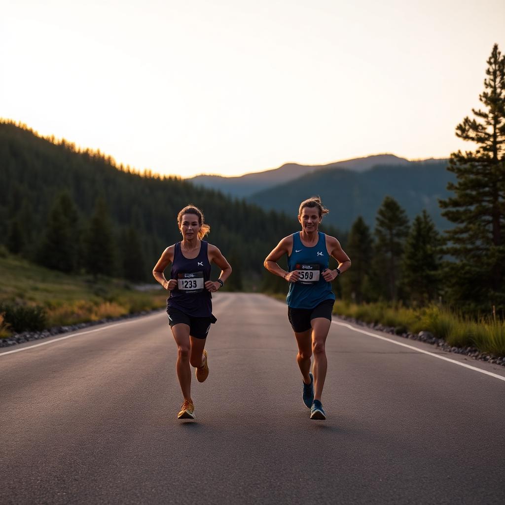 Two marathon runners on a Colorado mountain road at sunrise