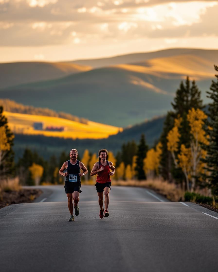Two runners on a Colorado mountain road at golden hour