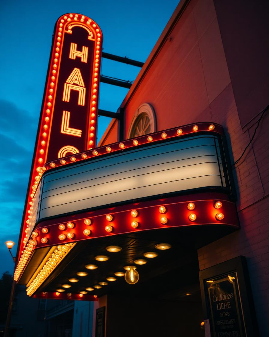 Vintage cinema marquee glowing at dusk