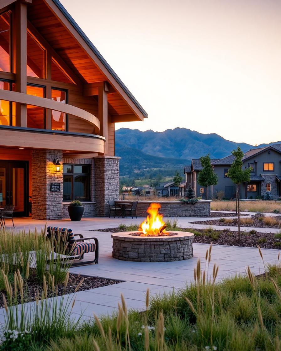 Skyestone community lodge with mountain backdrop