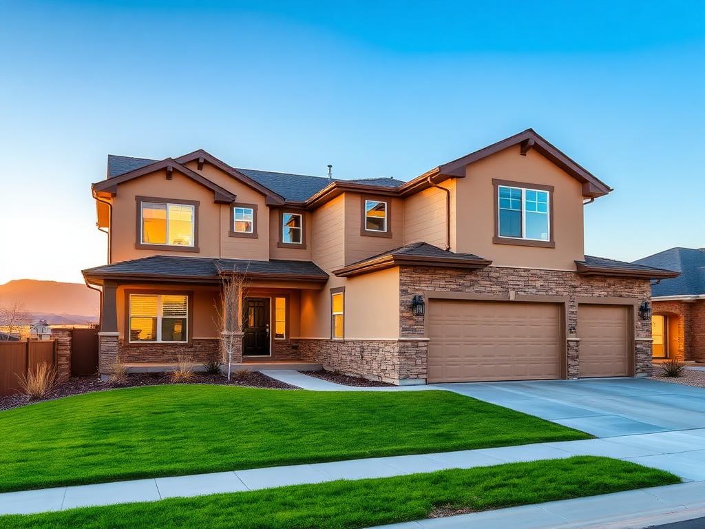 Two-story stucco-and-stone home in Reunion at golden hour