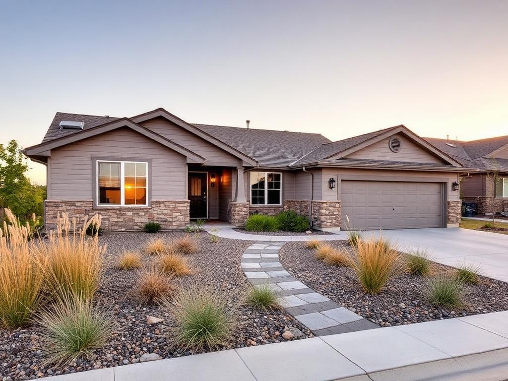 Single-story ranch home with xeriscape front yard in 55+ Broomfield community