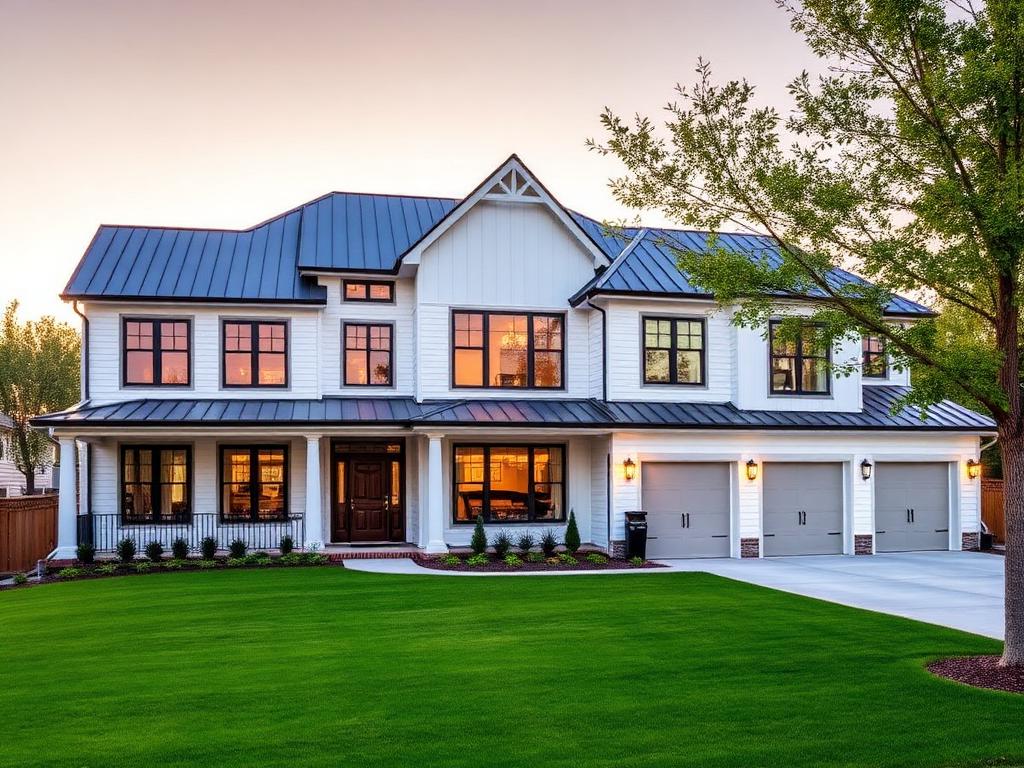 Modern white farmhouse with black trim and three-car garage in Thornton