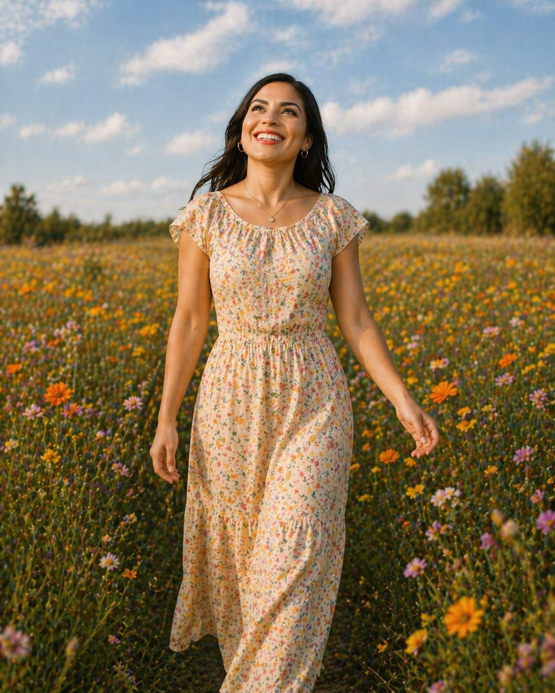 Maddie Cowger, founder of Wildflower Colorado Home Co, in golden hour light with the Front Range behind her