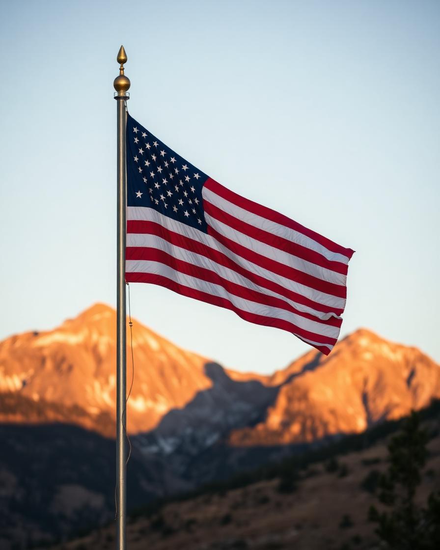 American flag flying in front of the Colorado Rocky Mountains at golden hour